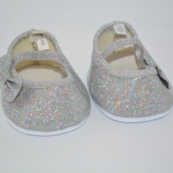 Build-A-Bear Silver Sparkle Flats Teddy-Size Glittery Dress Shoes w/ Bows BAB - Picture 2 of 7